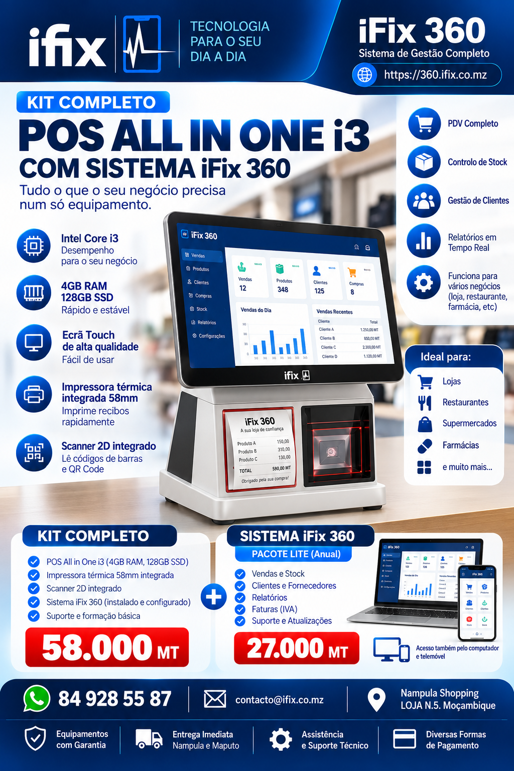 Folheto do kit POS All in One i3 com o sistema iFix 360