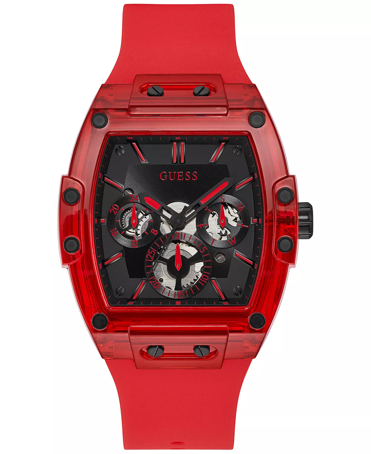 Relógio GUESS vermelho — bracelete de silicone, 43 mm