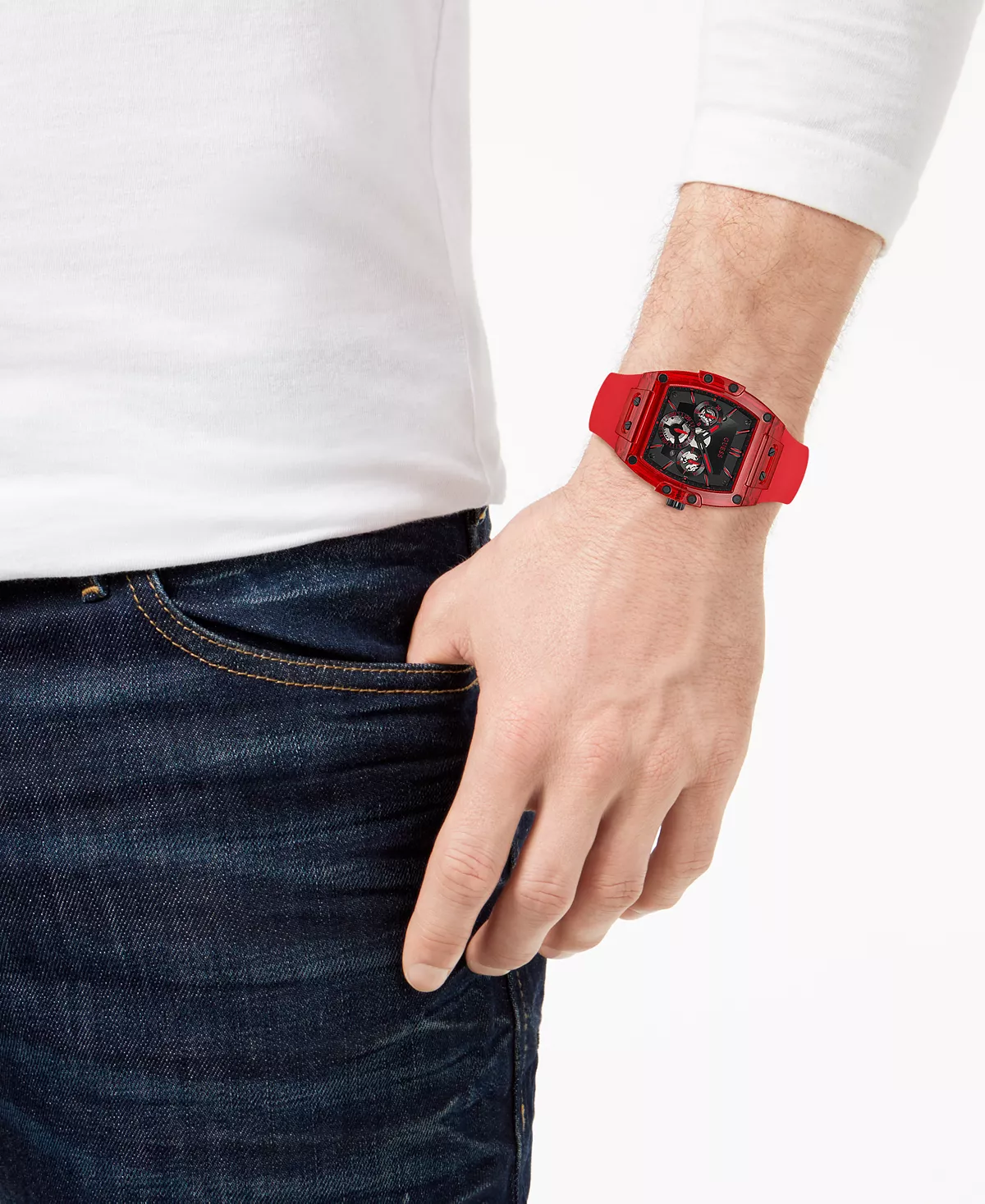 Relógio GUESS vermelho — bracelete de silicone, 43 mm
