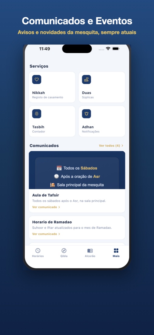 App da Masjid Al Khalil: serviços e comunicados